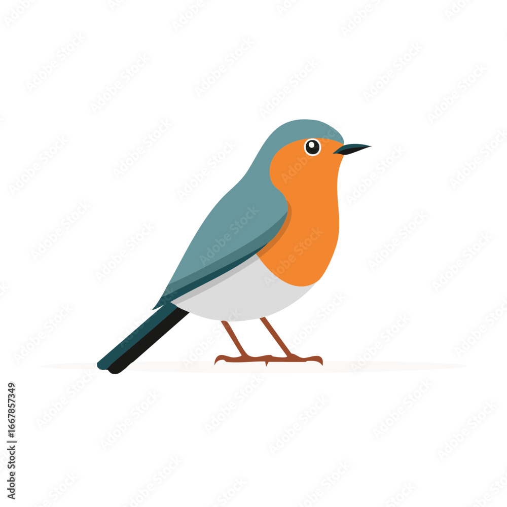 Obraz premium Colorful cartoon bird illustration featuring an orange breast and blue grey plumage in flat design