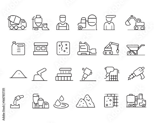 Set of outline icons related to concrete. Linear icon collection