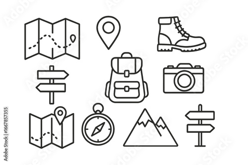 Adventure travel icon set for hiking and camping. Outdoor exploration and tourism concept. Line art vector of map, compass, boots, backpack, mountains. Navigation and gear.