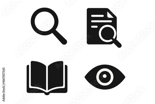 Solid icon set of transparency, trust, and honesty. Concept of business ethics, policy review, and clarity. Includes magnifying glass, document audit, open book, and eye icons.