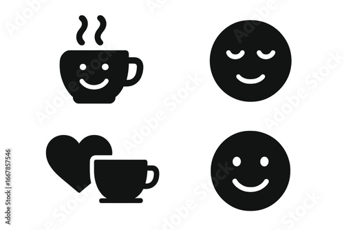 Tea time emotion icon set. Solid glyph icons of happy smiling face, relaxed emoji, hot drink with steam, and love for coffee or tea. Vector symbols for relaxation and joy.