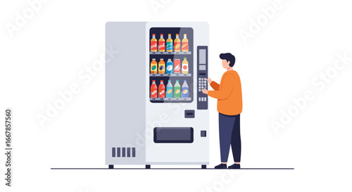 Illustration of a person using a vending machine with colorful beverage bottles