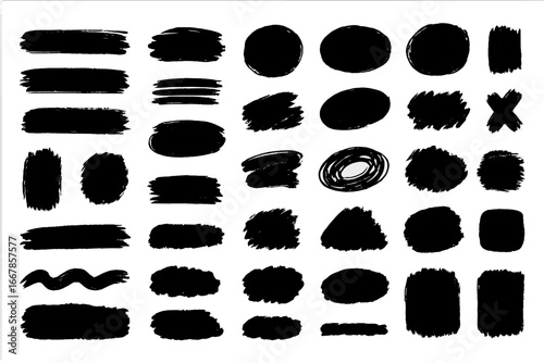 Set of black brush strokes, ink spots, and paint blobs. Grunge collection of artistic hand-drawn shapes. Abstract highlights, lines, stains, and scribble circle design elements.