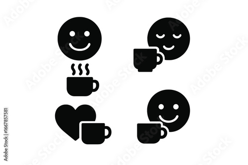 Tea time emotion icons. Solid filled icon set of tea time feelings. Smiley face with steam, relaxed face, heart with cup. Happy vector illustration. Coffee break concept.