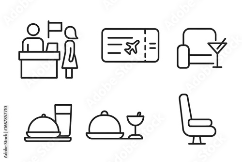 Airline service outline icon set. Vector flight symbols collection. Airport check-in counter, boarding pass, vip lounge access, in-flight meal, food and airplane seat.