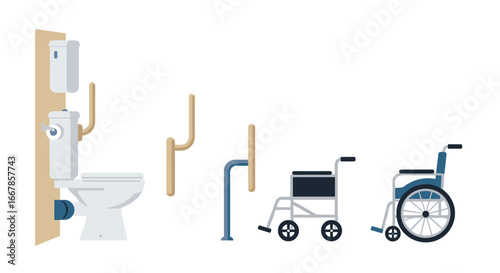 Accessible restroom design features with wheelchair and safety rails