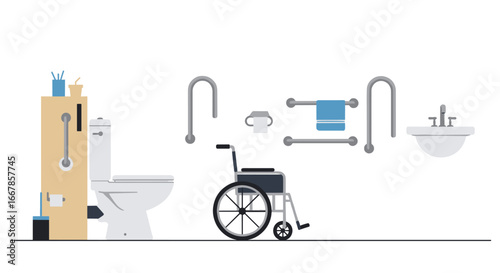 Accessible bathroom design with wheelchair and safety features in modern flat style