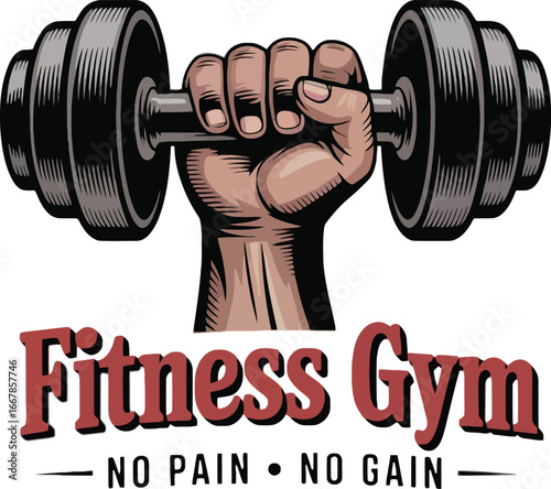 Fitness Gym Logo: Fist Gripping Dumbbell with "No Pain No Gain" Slogan