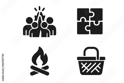 Team building solid glyph icon set. Corporate event and teamwork activities. Collaboration, partnership, group high-five, puzzle solution, campfire, and picnic vector icons.