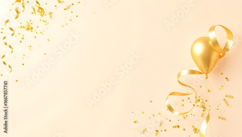 Premium birthday background with curling ribbons golden confetti bottom corner beige gradient copy template