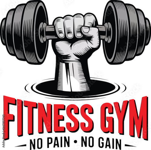 Fitness Gym Logo: Fist Holding Dumbbell with "No Pain, No Gain" Slogan