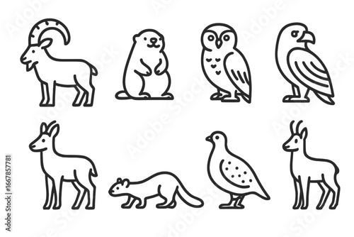 Alpine wildlife icons line set. Mountain animals collection with ibex, marmot, owl, eagle, chamois, ptarmigan. Vector pictogram logo design for nature or zoo concepts.
