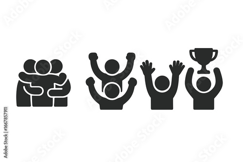 Team celebration icon set. Teamwork success, victory, achievement concept. Business goal, support, collaboration solid glyphs. Winner with trophy, group hug, cheering people.