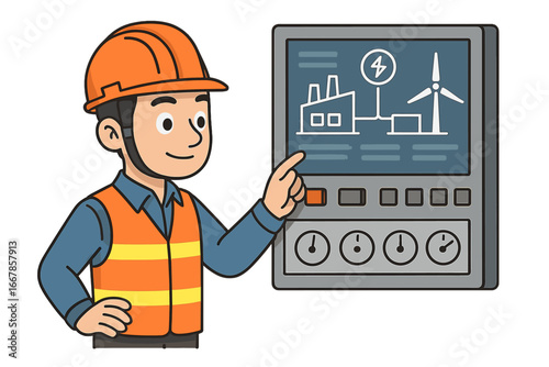 Electrical engineer monitoring factory power on control panel. Technician inspects renewable energy system with wind turbine. Green industry, electricity generation concept.