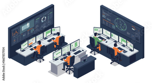 Modern isometric control room with technicians and monitoring screens
