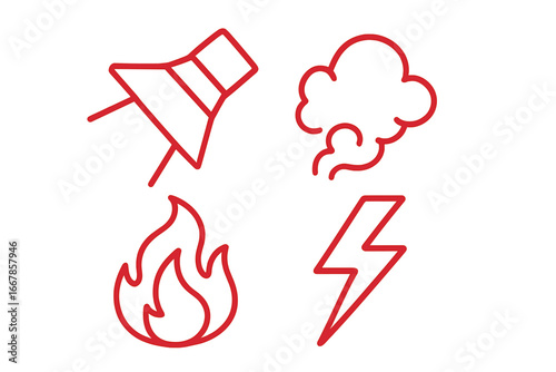 Simple line icon set with villainous and danger symbols. Vector graphics of a rocket, fire flame, smoke cloud, and lightning bolt. Concepts of power, energy, attack, warning.