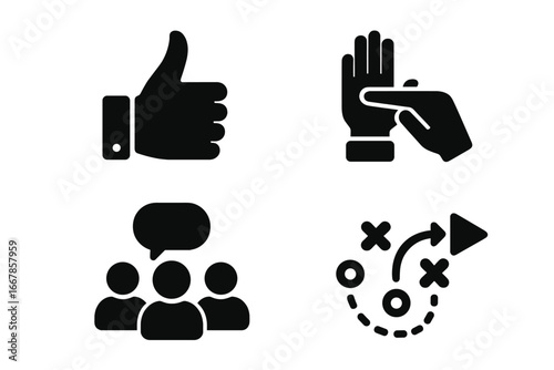 Team communication glyph icon set. Business strategy, tactics and planning symbols. Hand signals for timeout and approval. Group discussion and play call vector icons.