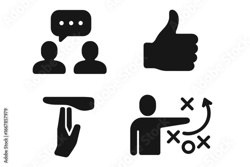Team communication and strategy vector icon set. Solid glyphs for planning, coaching, and teamwork. Includes timeout hand signal, play call tactics, discussion, and thumbs up.