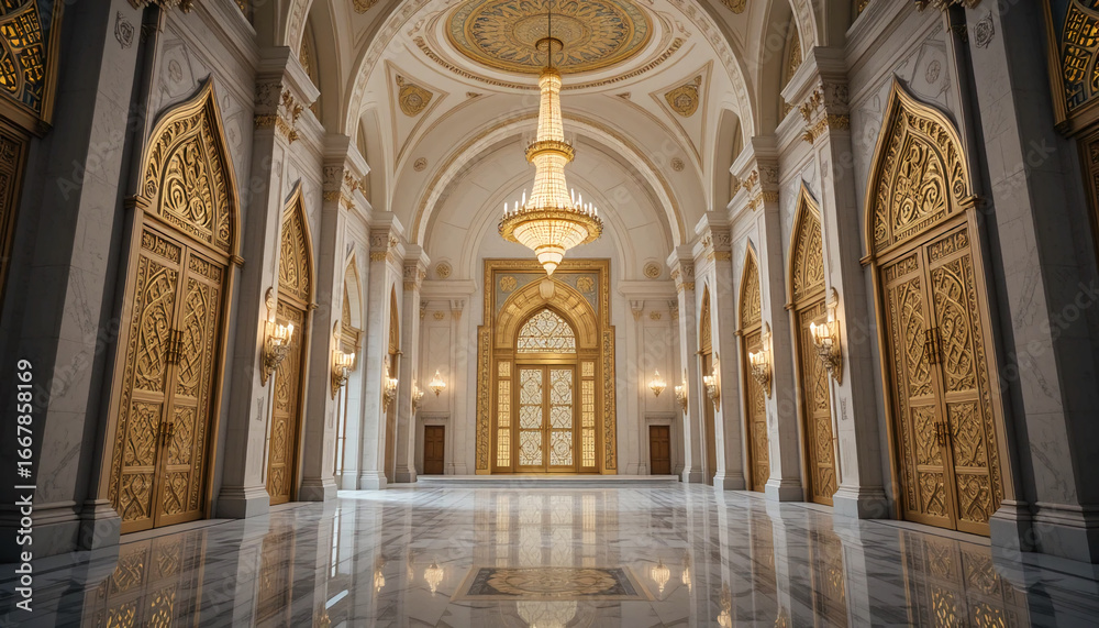 Obraz premium Luxurious Islamic architecture interior with high arched ceilings, intricate golden patterns on doors.