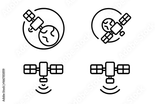 Satellite icon set. Outline vector icons of orbital mechanics, geostationary and low earth orbit satellites. Space technology, communication and broadcast signal concepts.