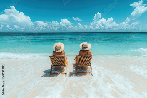 Photo of people sitting on beach chairs enjoying the beautiful view on the sand on the beach in a resort area.
