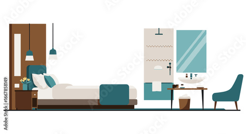 Modern minimalist bedroom with stylish decor elements and contemporary furniture