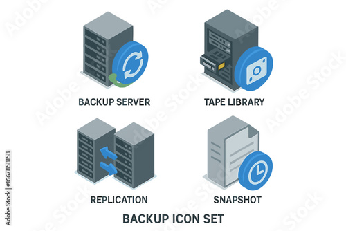 Isometric backup icon set. Data recovery and storage system concept. Vector icons for backup server, tape library, replication, snapshot. Disaster recovery technology symbols.