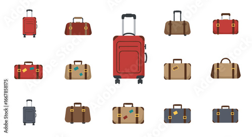 Colorful luggage collection on white background with modern flat design