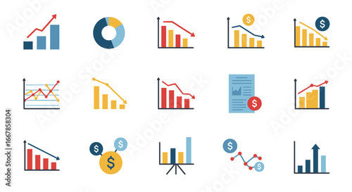 Flat style financial growth and decline charts with graph elements