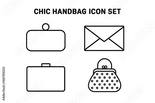 Chic handbag and clutch purse icon set. Vector line art illustration of women's fashion accessories. Includes minaudière, envelope clutch, box bag, and beaded purse designs.