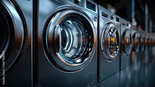 A row of modern washing machines in a laundry facility, featuring shiny, metallic surfaces and bright lighting.