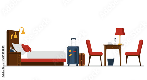 Cozy hotel room interior with bed, luggage, and chairs in flat design style
