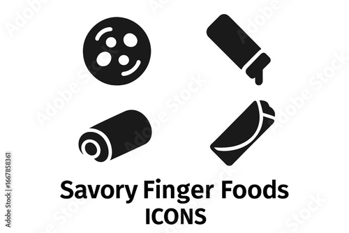Savory finger food icon set. Solid glyph vector icons of appetizers and snacks. Mini pizza, cheese stick, sausage roll, and spring roll for buffet, party, or catering menu.