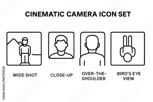 Cinematic camera angles icon set. Filmmaking and videography basics. Essential shot types for movie production: wide shot, close-up, over-the-shoulder, bird's eye view.