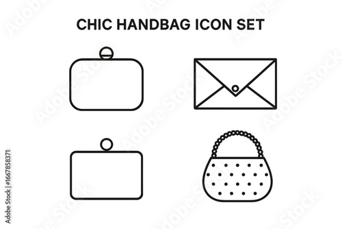 Chic handbag icon set. Outline vector icons of women's fashion accessories. Includes clutch, minaudière, envelope, box clutch, and beaded purse. Minimalist line art.
