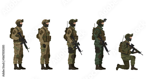 Military soldiers in uniform with weapons in various poses and camouflage styles