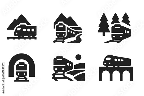 Train journey icon set. Rail travel in nature landscape. Solid glyphs of scenic railway with mountain, forest, river, bridge, tunnel. Vector transport and vacation symbols.