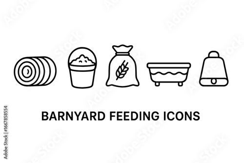 Barnyard feeding line icon set. Farm animal care equipment outline symbols. Includes hay bale, feed bucket, grain sack, water trough, and cowbell. Agriculture vector icons.