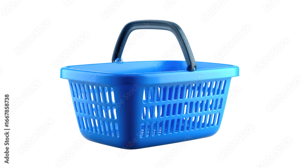 Fototapeta premium Blue Shopping Basket: A vibrant blue shopping basket, meticulously designed for utility and convenience, against an immaculate backdrop, capturing the essence of everyday shopping