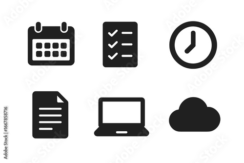 Team productivity tools icon set. Solid glyph icons for business management, project planning, office workflow. Vector symbols for calendar, checklist, time, document, and cloud data.