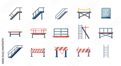 Construction equipment set featuring scaffolding, barriers, and ladders in flat style