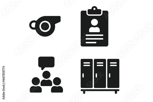 Sports coaching and team management icon set. Solid glyph icons for motivation, training, and strategy. Includes whistle, clipboard, team huddle, and locker room vector.
