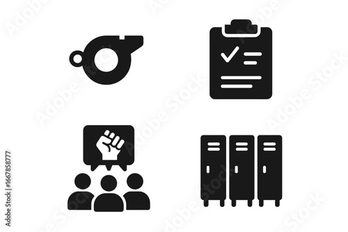 Teamwork, sports, and activism solid icon set. Includes whistle, clipboard checklist, and protest symbols. Vector graphics for coaching, strategy, motivation, and social issues.