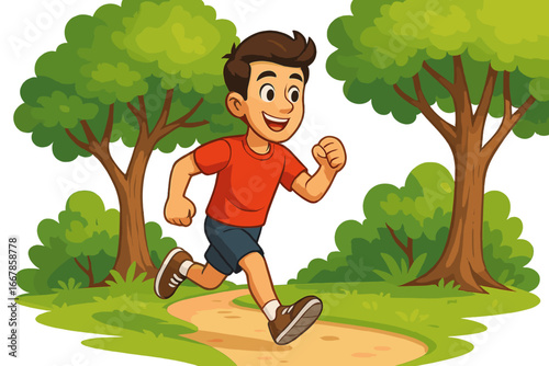 Young man running in the park. Boy jogging on a forest path. Healthy lifestyle and fitness exercise concept. Active person in nature on a summer day. Vector cartoon illustration.