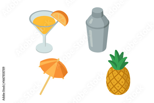 Tropical cocktail party isometric icon set. Summer vacation vector elements. Beach bar essentials with pineapple, shaker, cocktail glass, and drink umbrella for design.