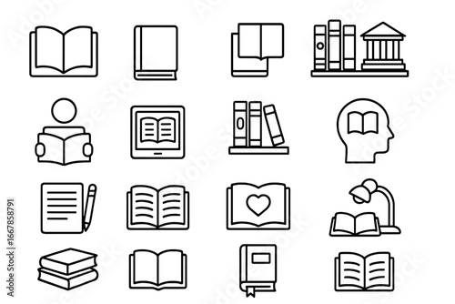 Book and reading line icons set. Library, literature, study symbols. Vector for education, knowledge, school, university, e-book concept. Open book, bookshelf, reader pictograms.