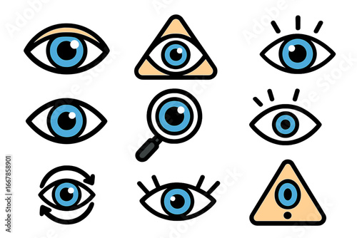 Eye icon set. Vision, observation, attention symbols. All seeing eye, illuminati, magnifying glass for search. Simple flat cartoon vector illustration for web, logo design.