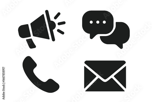 Communication vector icon set. Solid glyphs for business and teamwork. Megaphone for marketing, chat bubbles for dialogue, phone for contact us, and email for correspondence.