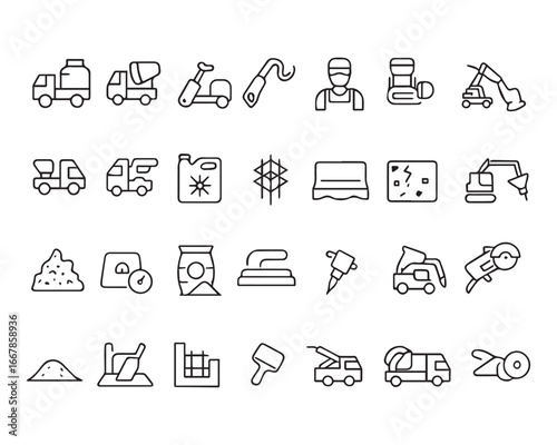 Set of outline icons related to concrete. Linear icon collection