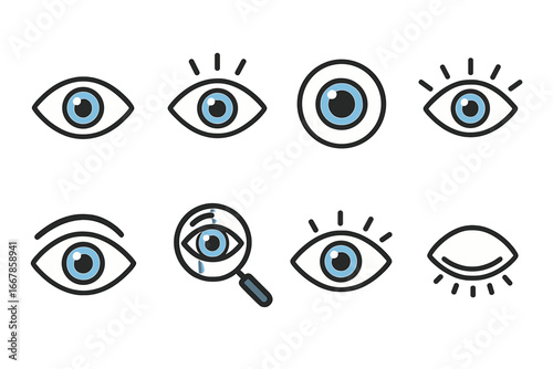 Eye icon set. Vision, observation, attention, surveillance concepts. Look, see, search, focus, inspect. Magnifying glass for research. Ophthalmology symbol. Vector pictogram.
